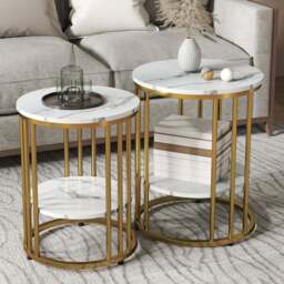 HOMCOM Marble-Effect and Gold Round Coffee Table Set of 2 - Size: 55 x 45 x 45cm - Orange - Wilko
