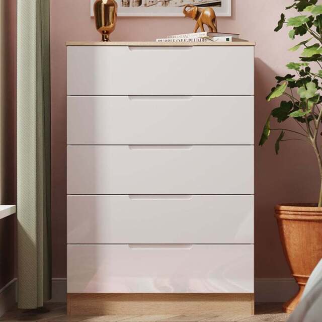 Crowndale Milan 5 Drawer White Gloss and Bardolino Oak Chest of Drawers Ready Assembled - White Gloss & Bardolino Oak - Wilko - image 1
