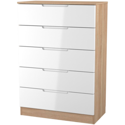 Crowndale Milan 5 Drawer White Gloss and Bardolino Oak Chest of Drawers Ready Assembled - White Gloss & Bardolino Oak - Wilko - thumbnail 3