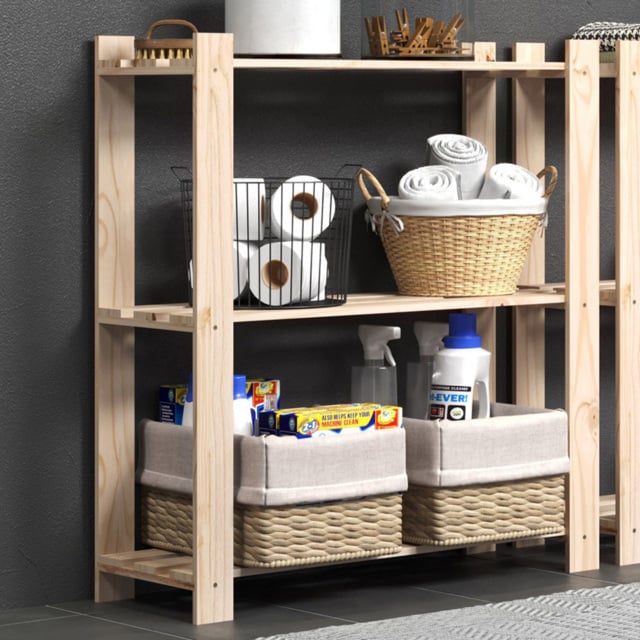 Leighton 3 Shelf Natural Wood Narrow Slatted Storage Unit - Brown - Wilko - image 1
