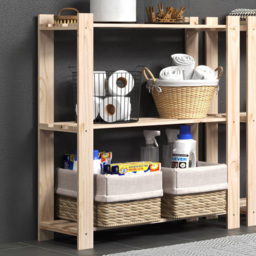 Leighton 3 Shelf Natural Wood Narrow Slatted Storage Unit - Brown - Wilko