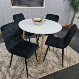 Portland 4 Seater Round Wood Velvet Dining Set White and Black - Multi - Wilko