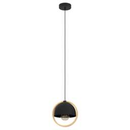 EGLO Callow 1 Light Black and Wood Pendant Light - Size: 23.0 x 23.0 x 110.0cm - Wilko