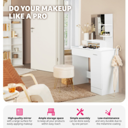 tectake Zoe Single Door Single Drawer White Dressing Table with Mirror - Size: 138.5 x 40 x 90cm - Wilko - thumbnail 4