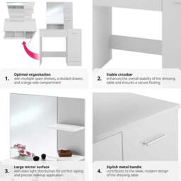 tectake Zoe Single Door Single Drawer White Dressing Table with Mirror - Size: 138.5 x 40 x 90cm - Wilko - thumbnail 5