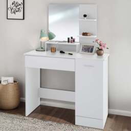 tectake Zoe Single Door Single Drawer White Dressing Table with Mirror - Size: 138.5 x 40 x 90cm - Wilko - thumbnail 1