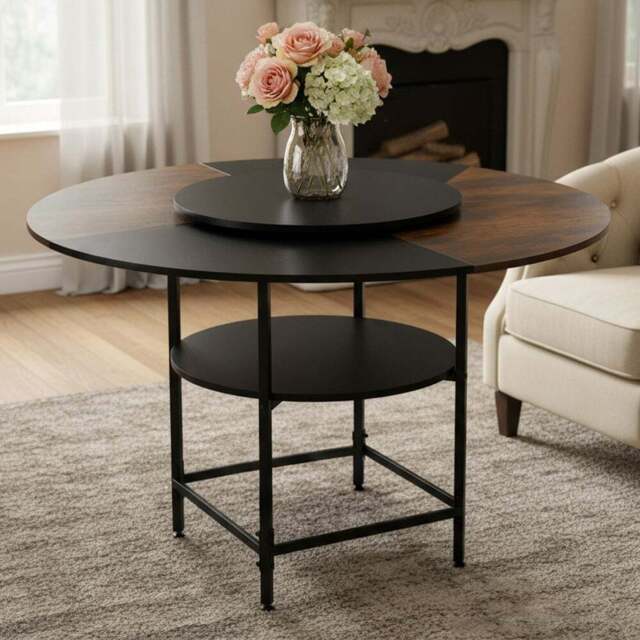Living and Home 4 Seater Two-Tone Top Round Dining Table with Lazy Susan Natural and Black - Black + Retro Wood Colour - Wilko - image 1
