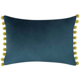 Paoletti Fiesta Indigo Olive Pom Pom Velvet Cushion - Size: 50 x 35 cm - Multi - Wilko
