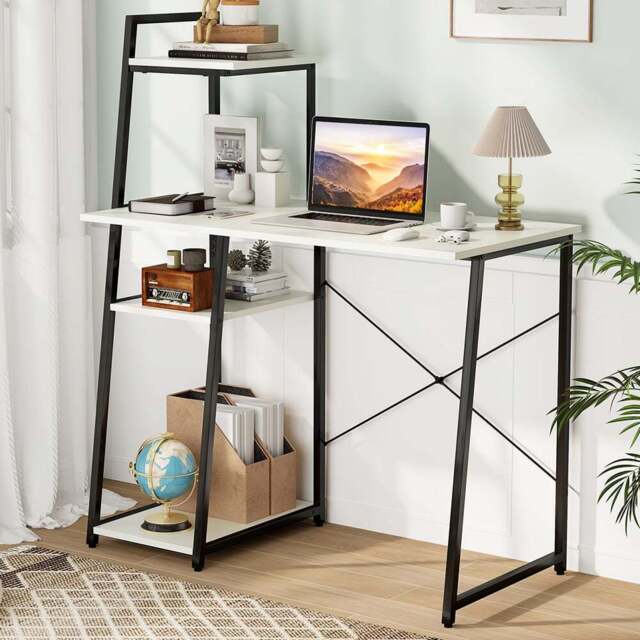 Costway Computer Desk with Bookshelf and Host Stand White - Size: 111 x 62 x 15cm - Wilko