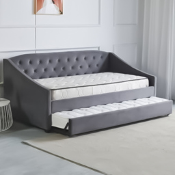 Portland Single Grey Velvet Tufted Day Bed with Trundle - Wilko - thumbnail 3
