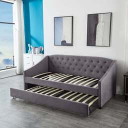 Portland Single Grey Velvet Tufted Day Bed with Trundle - Wilko - thumbnail 4