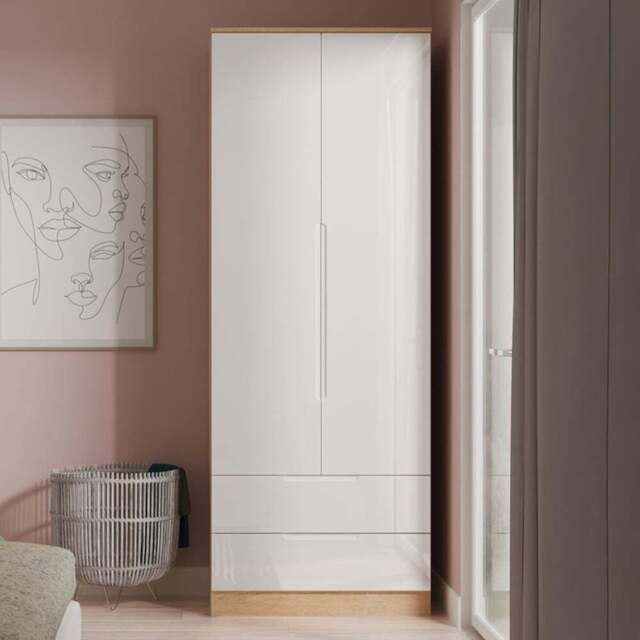 Crowndale Milan 2 Door 2 Drawer White Gloss and Bardolino Oak Tall Wardrobe Ready Assembled - White Gloss & Bardolino Oak - Wilko - image 1