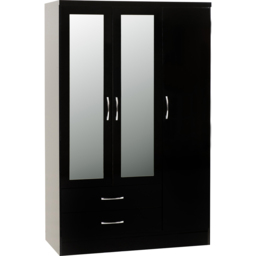Seconique Nevada 3 Door 2 Drawer Black Gloss Mirrored Wardrobe - Wilko - thumbnail 3