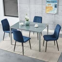 Kosy Koala 4 Seater Velvet Glass Dining Set Grey and Blue - Wilko
