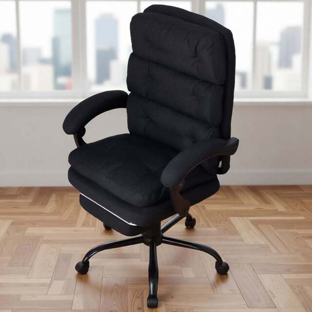 Living and Home Black Linen Ergonomic Reclining Office Chair with Footrest - Size: 121 x 68 x 79cm - Wilko