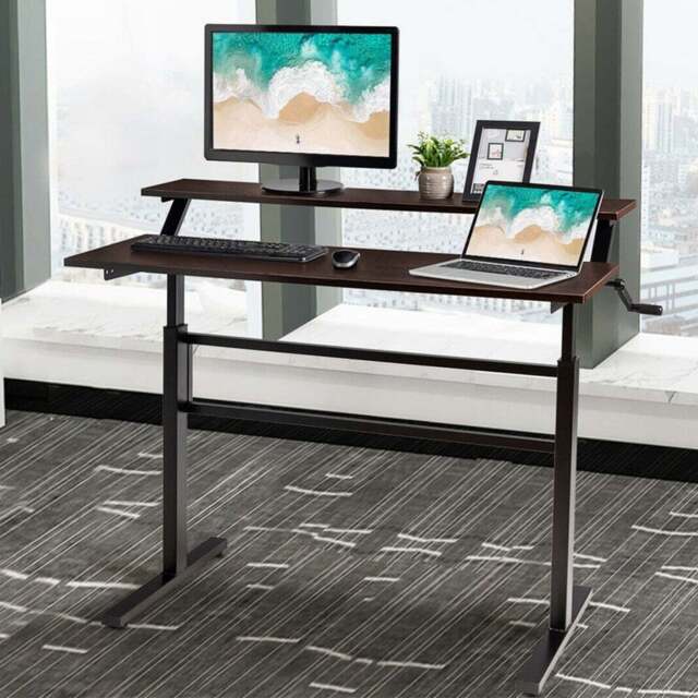 Costway 2 Tier Height Adjustable Standing Desk Coffee - Size: 132.1 x 76.2 x 10.16cm - Brown - Wilko