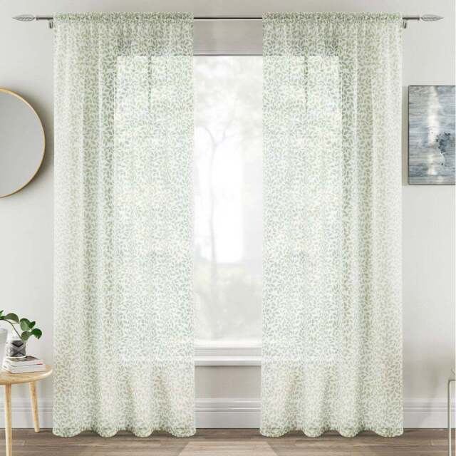 Tyrone Textiles Willow Green Leaf Print Linen Look Rod Pocket Voile Panel Curtains 140 x 122cm - Size: W 140 x D 122cm - Wilko - image 1