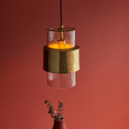 Merano Palermo Hammered Brass Plate with Textured Clear Glass Pendant Ceiling Light - Size: 19.5 x 19.5 x 152.5cm - Brown - Wilko - thumbnail 7