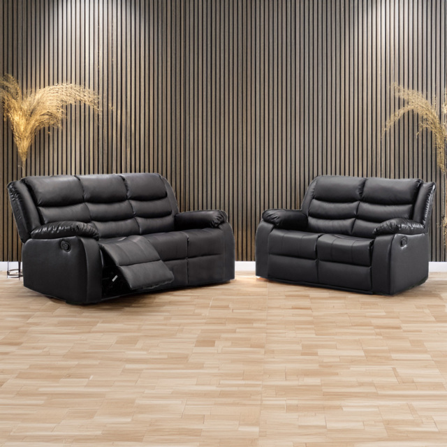 Portland Venice 5 Seater Black Leather Manual Recliner Sofa Suite - Wilko - image 1