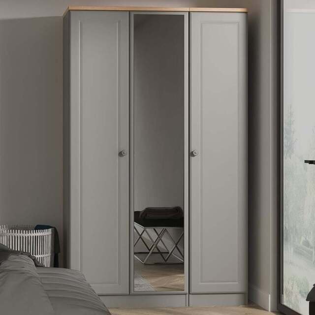 Crowndale Norfolk 3 Door Dusk Grey and Bardolino Oak Mirror Wardrobe Ready Assembled - Dusk Grey & Bardolino Oak - Wilko - image 1