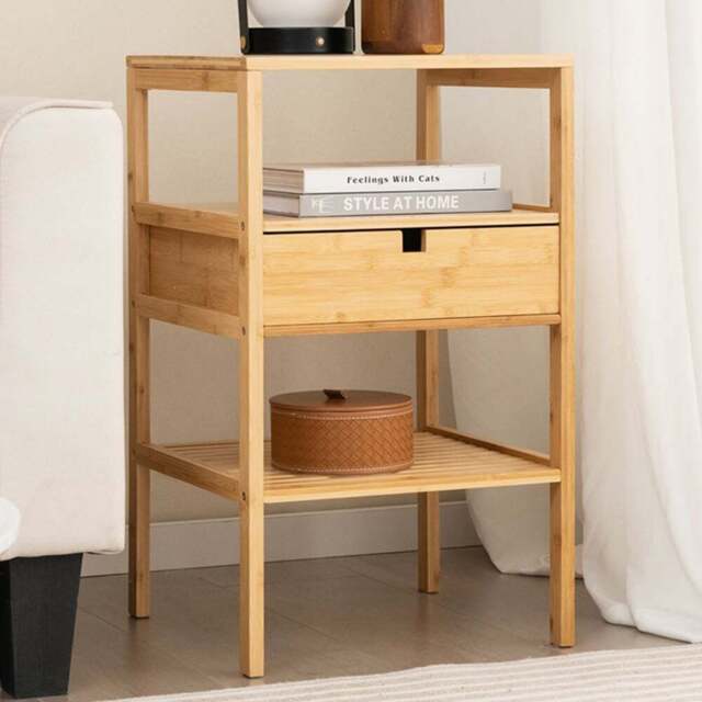 Costway Single Drawer 2 Shelf Natural Bamboo Nightstand - Cream - Wilko - image 1