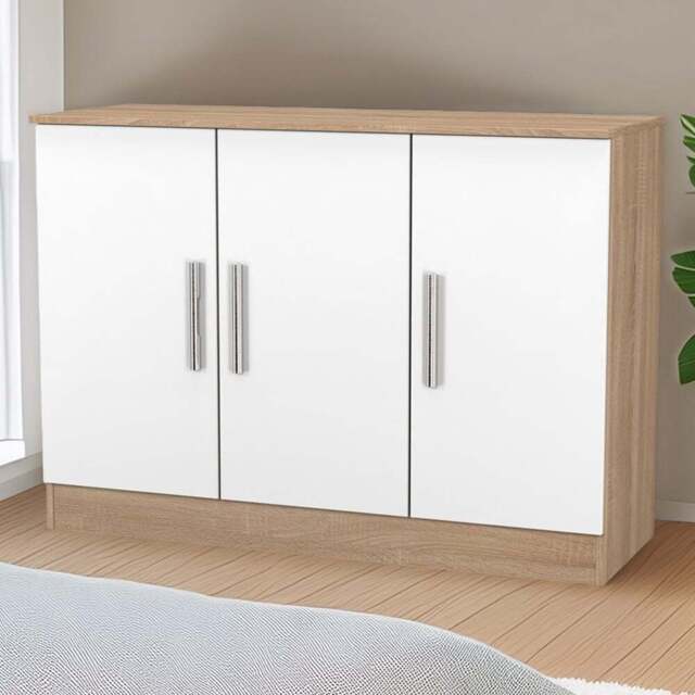 Crowndale Contrast 3 Door White Matt and Bardolino Oak Sideboard Ready Assembled - Size: 79 x 110 x 39cm - White Matt & Bardolino Oak - Wilko - image 1
