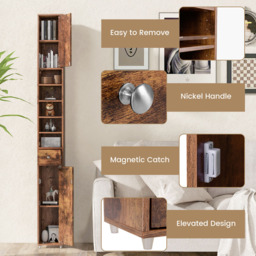 Costway Single Drawer 2 Door 5 Shelf Rustic Brown Tall Freestanding Bathroom Cabinet - Size: 20 x 20 x 180cm - Wilko - thumbnail 6