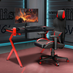 Costway Black and Red Gaming Computer Desk with Headphones Holder - Size: 126 x 74 x 14cm - Multi - Wilko - thumbnail 4