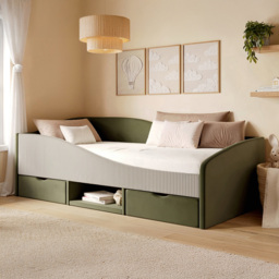 Flair Aubrey Olive Green and Beige Velvet and Cord Low Sleeper Bed with Storage - Size: 62 x 99 x 201cm - Wilko - thumbnail 1
