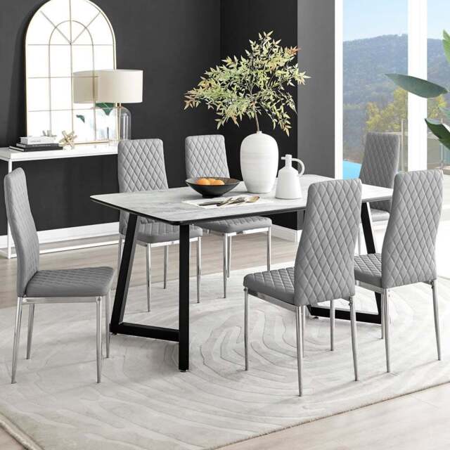 Furniturebox Copeland Valera Marble Effect 6 Seater Dining Set White Grey and Chrome - Wilko - image 1