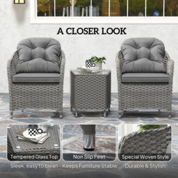 Outsunny 2 Seater Grey Rattan Bistro Set with Soft Cushions - Wilko - thumbnail 7