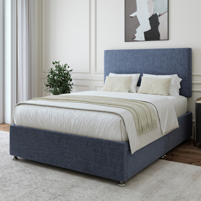 Bedmaster Double Midnight Linen 4 Drawer Divan Base with Valencia Headboard - Blue - Wilko - image 1