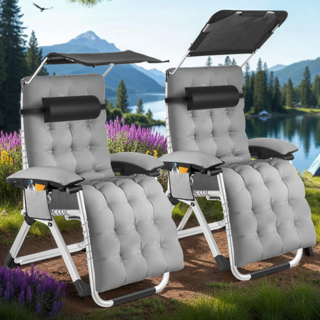 tectake Cirrus Light Grey Set of 2 Folding Plush Padding Sun Lounger with Sun Shade - Size: 168 x 84 x 103cm - Wilko - image 1