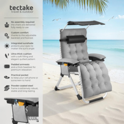 tectake Cirrus Light Grey Set of 2 Folding Plush Padding Sun Lounger with Sun Shade - Size: 168 x 84 x 103cm - Wilko - thumbnail 7