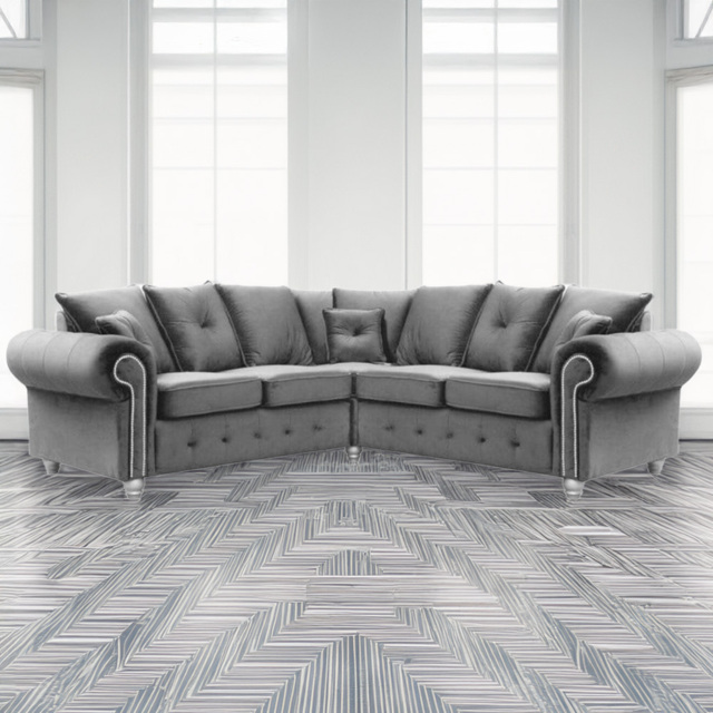 Portland Zoey 5 Seater Plush Velvet Chesterfield Style L Shape Corner Sofa - Grey - Wilko - image 1