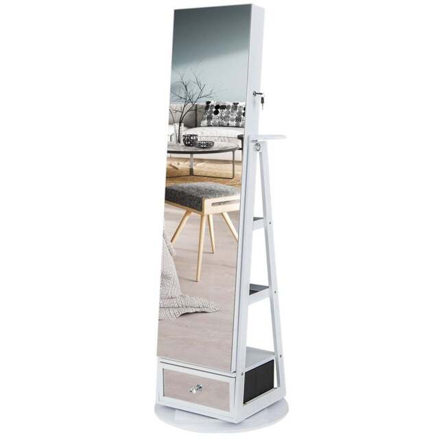 Costway White Swivel Mirrored Lockable Jewelry Cabinet - Size: 149.5 x 44.1 x 20cm - Wilko - image 1