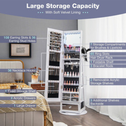 Costway White Swivel Mirrored Lockable Jewelry Cabinet - Size: 149.5 x 44.1 x 20cm - Wilko - thumbnail 7