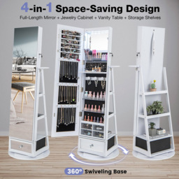 Costway White Swivel Mirrored Lockable Jewelry Cabinet - Size: 149.5 x 44.1 x 20cm - Wilko - thumbnail 5