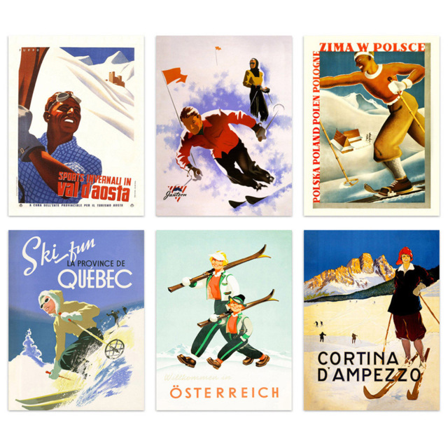 Artery8 Vintage Austria Italy Poland Canada Winter Skiing Wall Art Print 30 x 41cm 6 Pack - Size: 40.5 x 30.5 x 0.3cm - Multi - Wilko - image 1