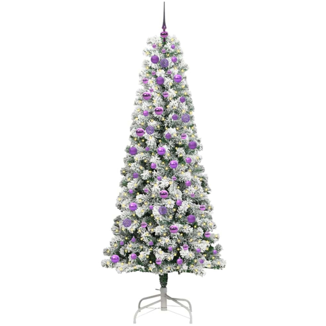 vidaXL Pre-Lit Warm White LED and Lilac Baubles Snow Flocked Artificial Christmas Tree 6.8ft - Green - Wilko - image 1