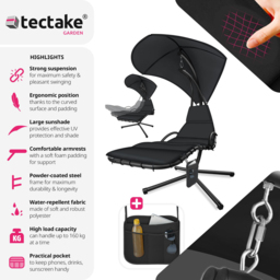 tectake Elaria Black Large UV Protection Sun Canopy Hanging Chair - Size: 197 x 132 x 195cm - Wilko - thumbnail 7