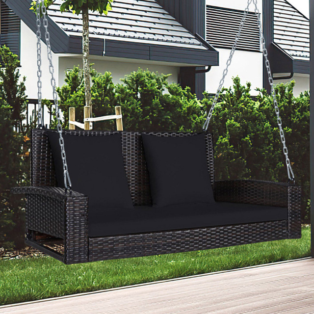 Costway 2 Seater Patio Rattan Porch Swing with 2 Solid Steel Chains - Size: 111.8 x 55.9 x 20.32cm - Black - Wilko - image 1