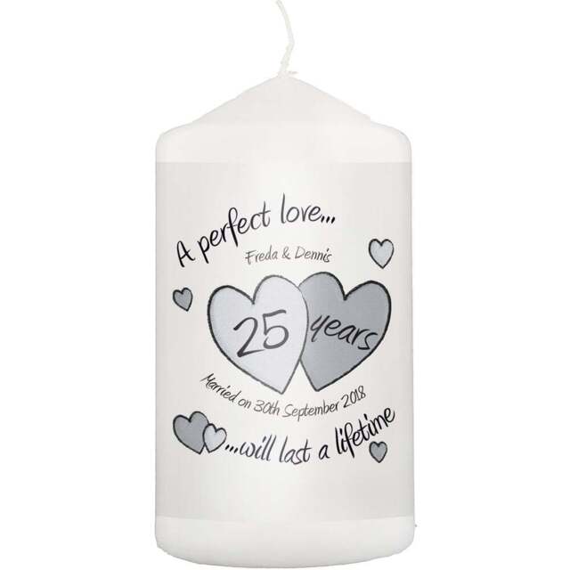 Personalised Memento Personalised A Perfect Love Silver Anniversary Pillar Candle - Size: 0.7 x 1.3 x 0.7cm - White - Wilko - image 1
