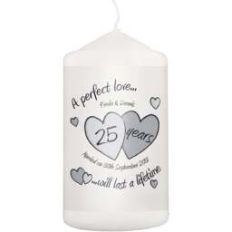 Personalised Memento Personalised A Perfect Love Silver Anniversary Pillar Candle - Size: 0.7 x 1.3 x 0.7cm - White - Wilko - thumbnail 1