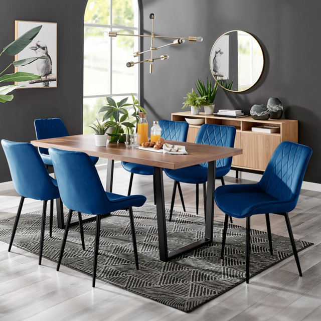 Furniturebox Solo Cesano 6 Seater Dining Set Brown Navy Blue and Black - Wilko - image 1