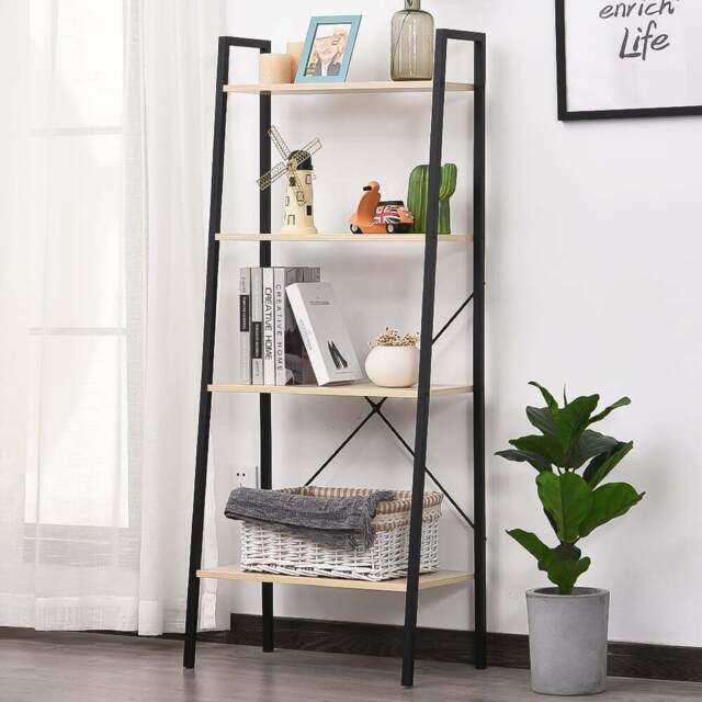 Portland 4 Shelf Vintage Black Natural Ladder Bookcase - Cream - Wilko - image 1