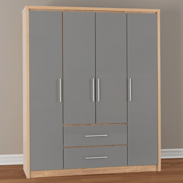 Seconique Seville 4 Door 2 Drawer Grey Gloss Light Oak Effect Veneer Wardrobe - Size: 4 Door, 2 Drawer - Wilko - image 1