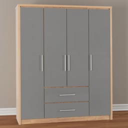 Seconique Seville 4 Door 2 Drawer Grey Gloss Light Oak Effect Veneer Wardrobe - Size: 4 Door, 2 Drawer - Wilko - thumbnail 1
