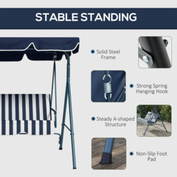 Outsunny 3 Seater Blue and White Swing Chair with Canopy - Size: 140 x 49 x 13cm - Multi - Wilko - thumbnail 7