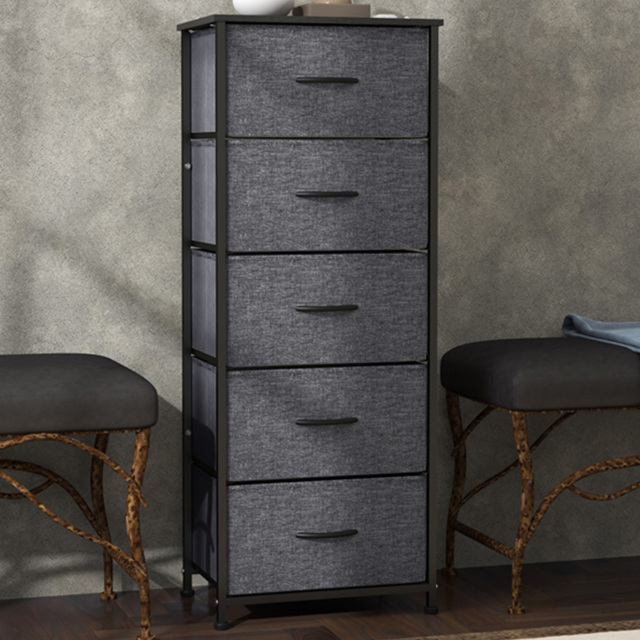 HOMCOM 5 Drawer Dark Grey Fabric Chest of Drawers with Wooden Top - Wilko - image 1
